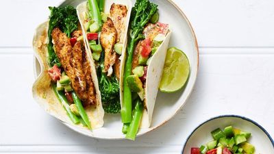 Recipe: <a href="https://kitchen.nine.com.au/2017/11/21/09/54/spiced-fish-and-broccolini-tacos" target="_top">Spiced fish and broccolini tacos</a>