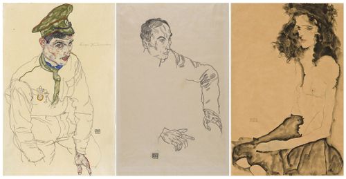 This combo of images provided by the Manhattan District Attorney's Office, shows three artworks by Austrian expressionist Egon Schiele, from left, watercolor and pencil on paper artwork, dated 1916 and titled "Russian War Prisoner" (Art Institute of Chicago); a pencil on paper drawing, dated 1917, titled "Portrait of a Man" (Carnegie Museum of Art), and a watercolor and pencil on paper artwork, dated 1911 and titled "Girl With Black Hair" (Allen Memorial Art Museum).