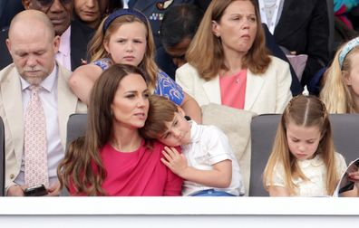 (2nd row) Mike Tindall, Mia Tindall, Victoria Starmer, Keir Starmer, Savannah Phillips (1st row) Catherine, Duchess of Cambridge, Prince Louis of Cambridge, Princess Charlotte of Cambridge during the Platinum Pageant on June 05, 2022 in London, England. 