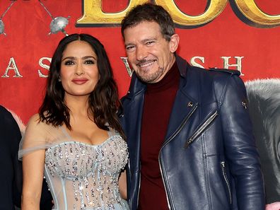 Salma Hayek Pinault and 	Antonio Banderas attend the "Puss In Boots: The Last Wish" World Premiere at Frederick P. Rose Hall, Jazz at Lincoln Center on December 13, 2022 in New York City.
