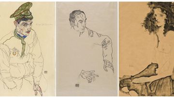 This combo of images provided by the Manhattan District Attorney&#x27;s Office, shows three artworks by Austrian expressionist Egon Schiele, from left, watercolor and pencil on paper artwork, dated 1916 and titled &quot;Russian War Prisoner&quot; (Art Institute of Chicago); a pencil on paper drawing, dated 1917, titled &quot;Portrait of a Man&quot; (Carnegie Museum of Art), and a watercolor and pencil on paper artwork, dated 1911 and titled &quot;Girl With Black Hair&quot; (Allen Memorial Art Museum).