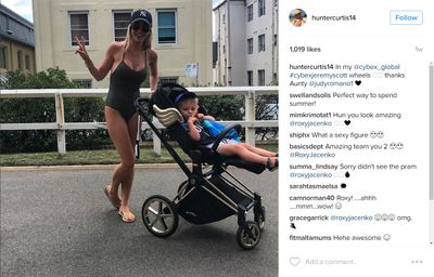 Hot wheels: Businesswoman Roxy Jacenko, with son Hunter in his winged Cybex.