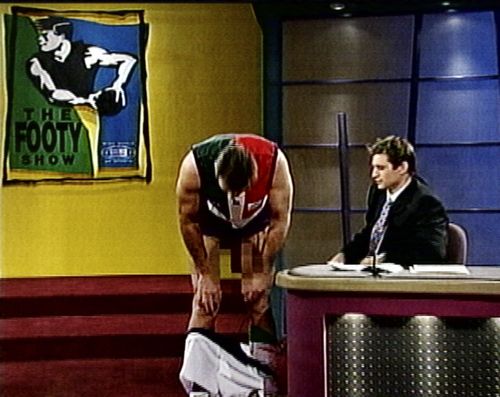 Never far from controversy, this moment in 2001 saw Newman's genitals exposed in a prank on the AFL Footy Show. (AAP)