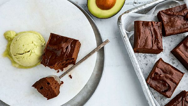 Avocado brownies with green avocado ice cream