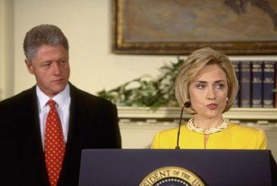 Pres. Bill & Hillary Rodham Clinton at White House childcare event during which he emphatically denied having affair.