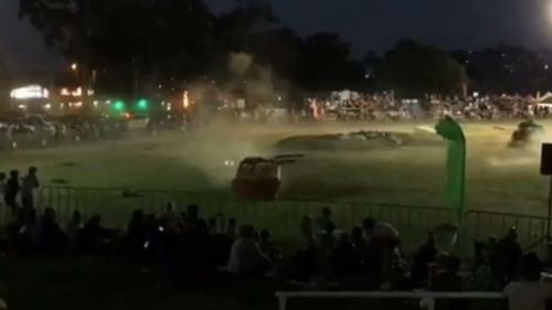 A family night out at a monster truck show in Brisbane has come to a shocking end after a stunt car smashed into a crowd of onlookers.