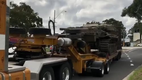 The tank being transported to Sydney after a being purchased at auction in Wagga Wagga. 