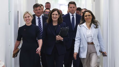 A senadora Jessica Collins, o ministro-sombra da Defesa Angus Taylor, a senadora Sarah Henderson, o membro do Canning Andrew Hastie, a senadora Jacinta Nampijinpa Price, juntamente com outros deputados e senadores liberais, chegam para uma reunião na sala do partido liberal, na Casa do Parlamento em Canberra, na quarta-feira, 12 de novembro de 2025.