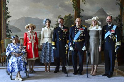 From left, Denmark's Princess Astrid Fru Ferner, Queen Sonja, Queen Mary and King Frederik, Norway's King Harald, Crown Princess Mette-Marit and Crown Prince Haakon pose in the Bird Room at the Palace in Oslo, Norway, Tuesday, May 14, 2024. 