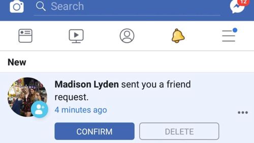 The Facebook friend request sent by the troll to Paige and other relatives of Madison's.