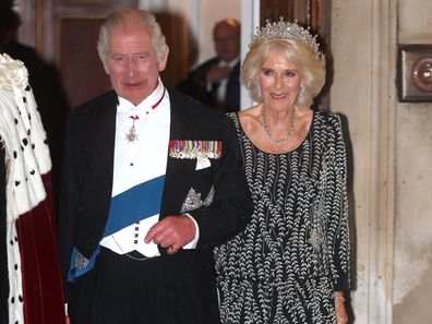 Queen Camilla listens to King Charles III addressing assembled guests at Mansion House in London, Wednesday, Oct. 18, 2023. Camilla is wearing the Girls of Great Britain and Ireland tiara and the South African diamond necklace and bracelet.