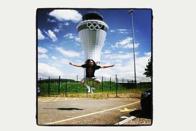 American electro house musician Steve Aoki in front of the the Birmingham Airport Olympics 2012 Watchtower