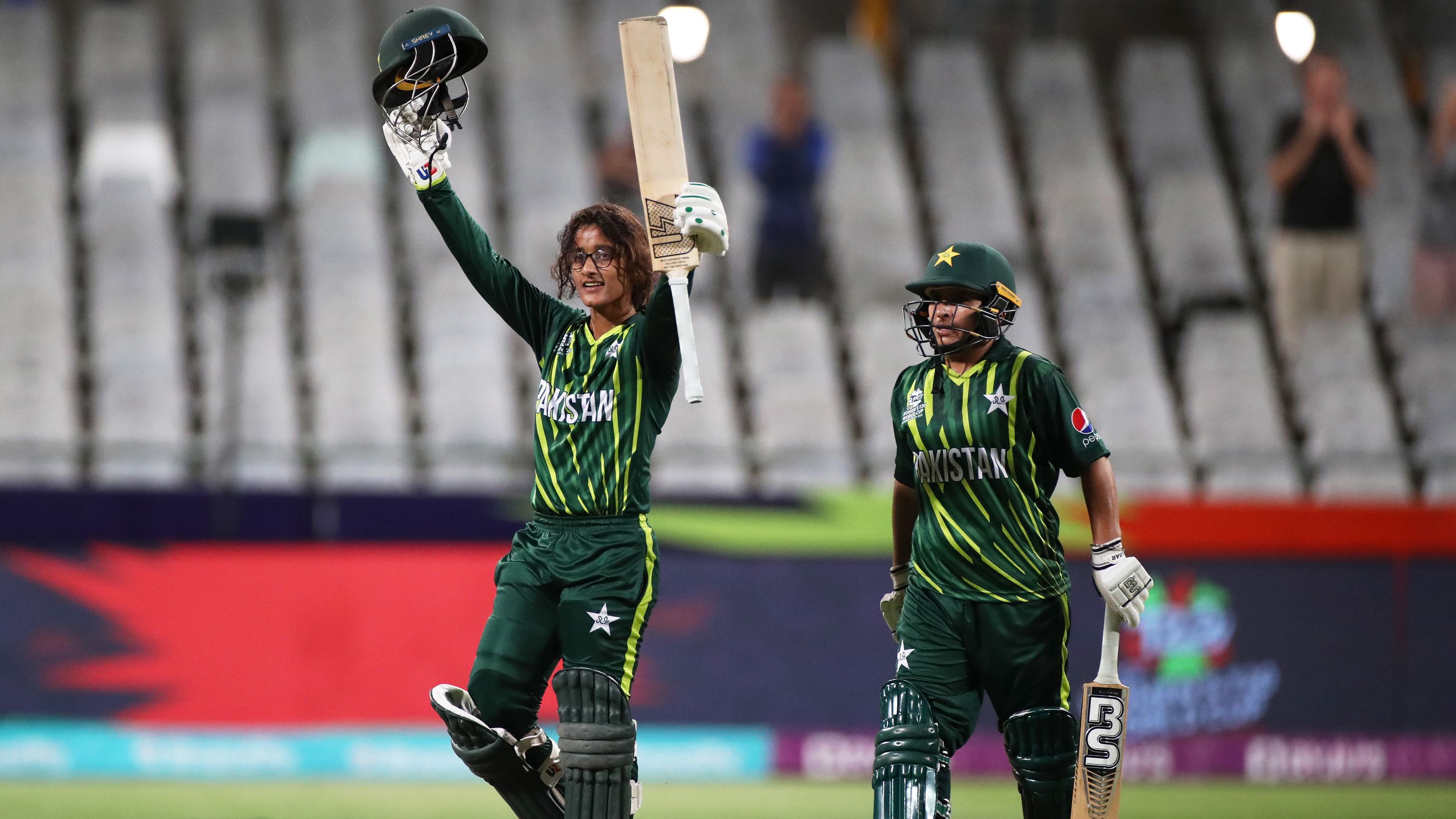 Pakistan&#x27;s Muneeba Ali celebrates their century during the ICC Women&#x27;s T20 World Cup.