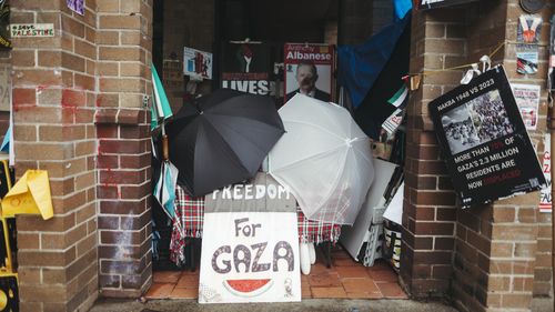 Pro-Palestine protesters camping outside Prime Minister Anthony Albanese's electorate office in Grayndler. 
