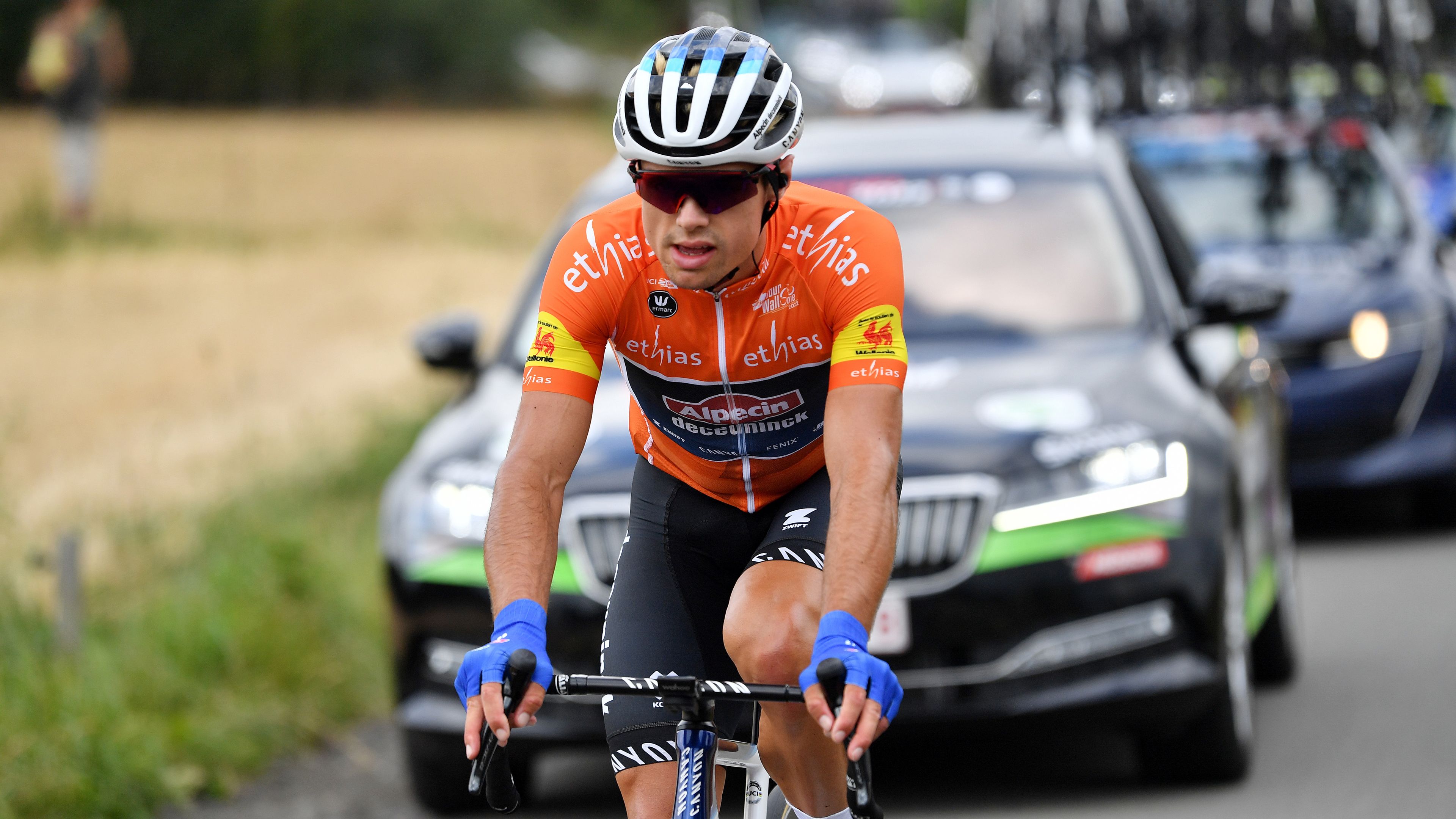 COUVIN, BELGIUM - JULY 26: Robert Stannard of Australia and Team Alpecin-Deceuninck Orange Leader Jersey competes during the 43rd Ethias - Tour de Wallonie 2022 - Stage 4 a 200,8km stage from Durbuy  to Couvin/ #ethiastourdewallonie22 / on July 26, 2022 in Couvin, Belgium. (Photo by Luc Claessen/Getty Images)
