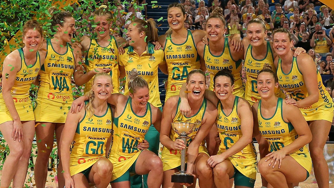 The Australian Diamonds celebrate with the Constellation Cup in 2019