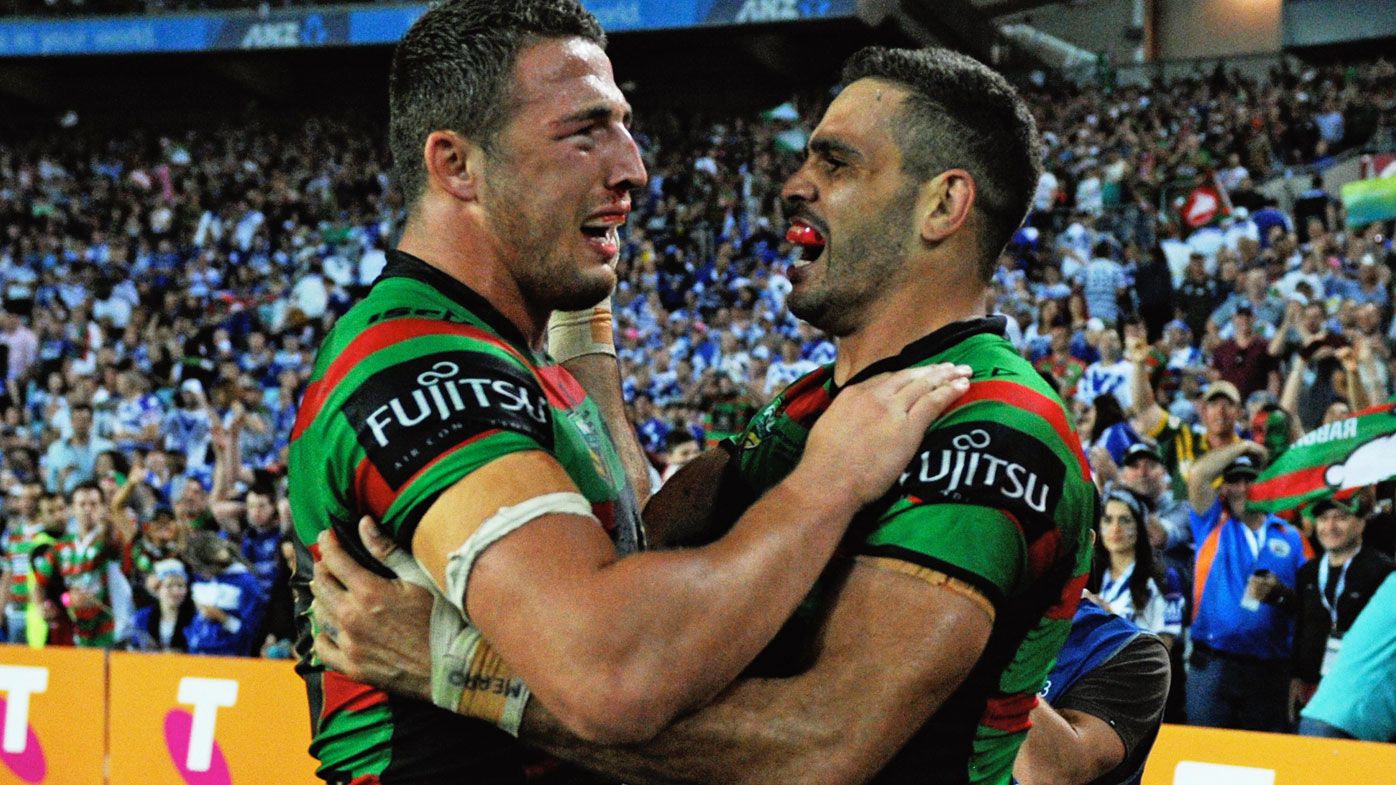 Sam Burgess (L) and Greg Inglis after Souths' drought-breaking Premiership. (Getty-file)