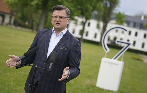 Dmytro Kuleba, Foreign Minister of Ukraine, addresses the media during a statement in front of Weissenhaus Castle during the G7 Group of leading democratic economic powers at the Weissenhaus resort in Weissenhaeuser Strand, Germany, Friday, May 13, 2022. 