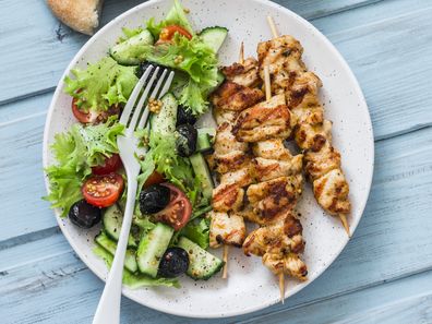 Greek salad with chicken is a lighter choice than chicken Caesar salad. 