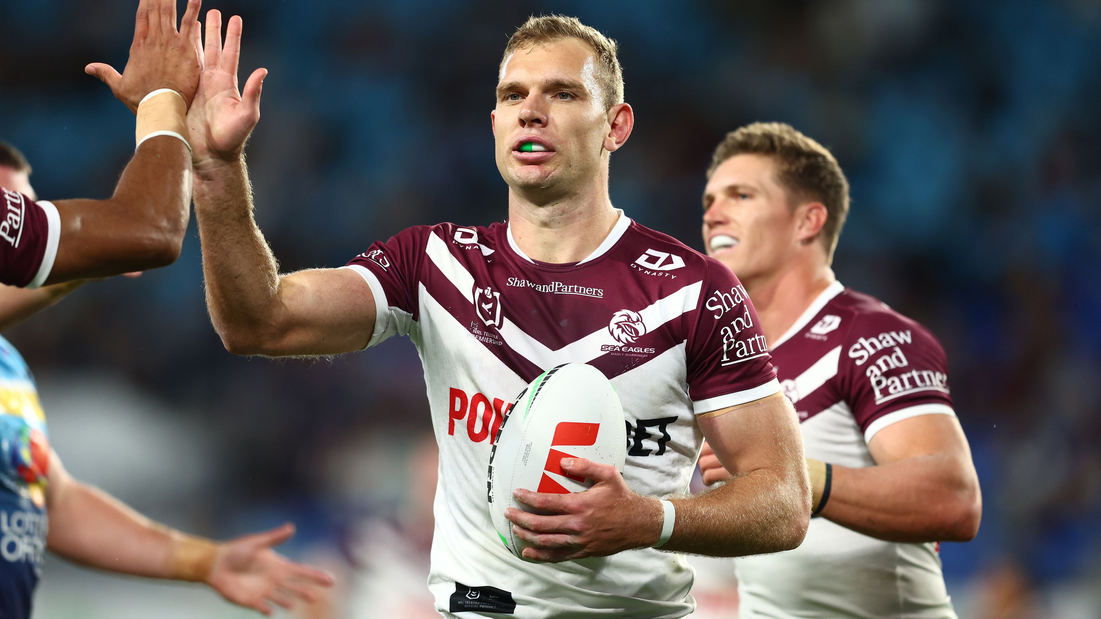 Tom Trbojevic celebrates a try during the round seven NRL match between the Gold Coast Titans and the Manly Sea Eagles.