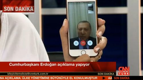 Turkish president Recep Tayyip Erdogan appears on TV via Facetime to denounce the military coup. (CNN Turk)