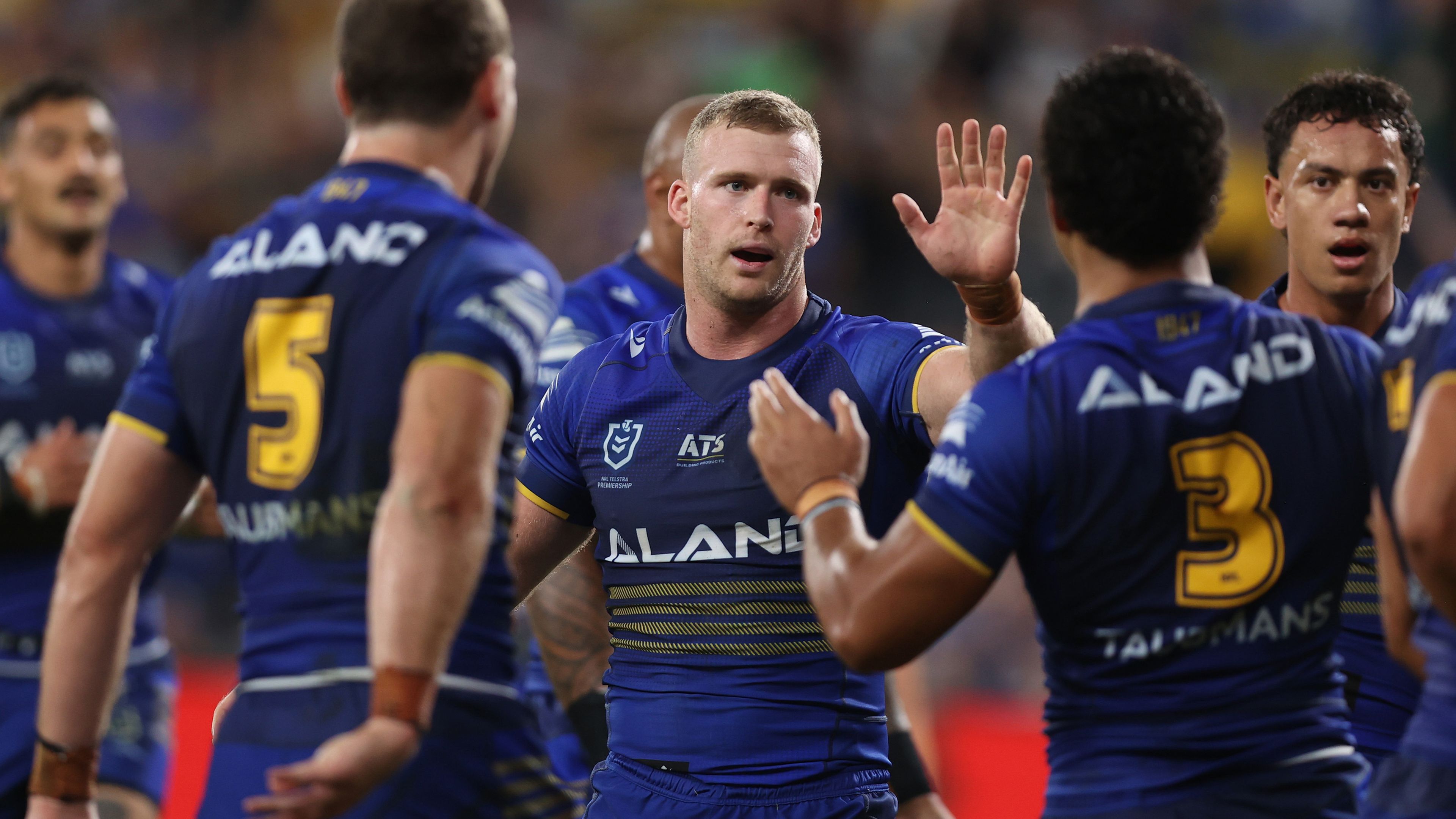 Joey Lussick celebrates scoring a try during the round six NRL match between the Parramatta Eels and the North Queensland Cowboys.