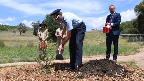 ACT Chief Minister Andrew Barr and AFP Commissioner Andrew Colvin plant a cork oak tree during a ceremony to mark the 100th anniversary of the establishment of the Australian Federal Police in a plantation at the National Arboretum in Canberra (AAP)