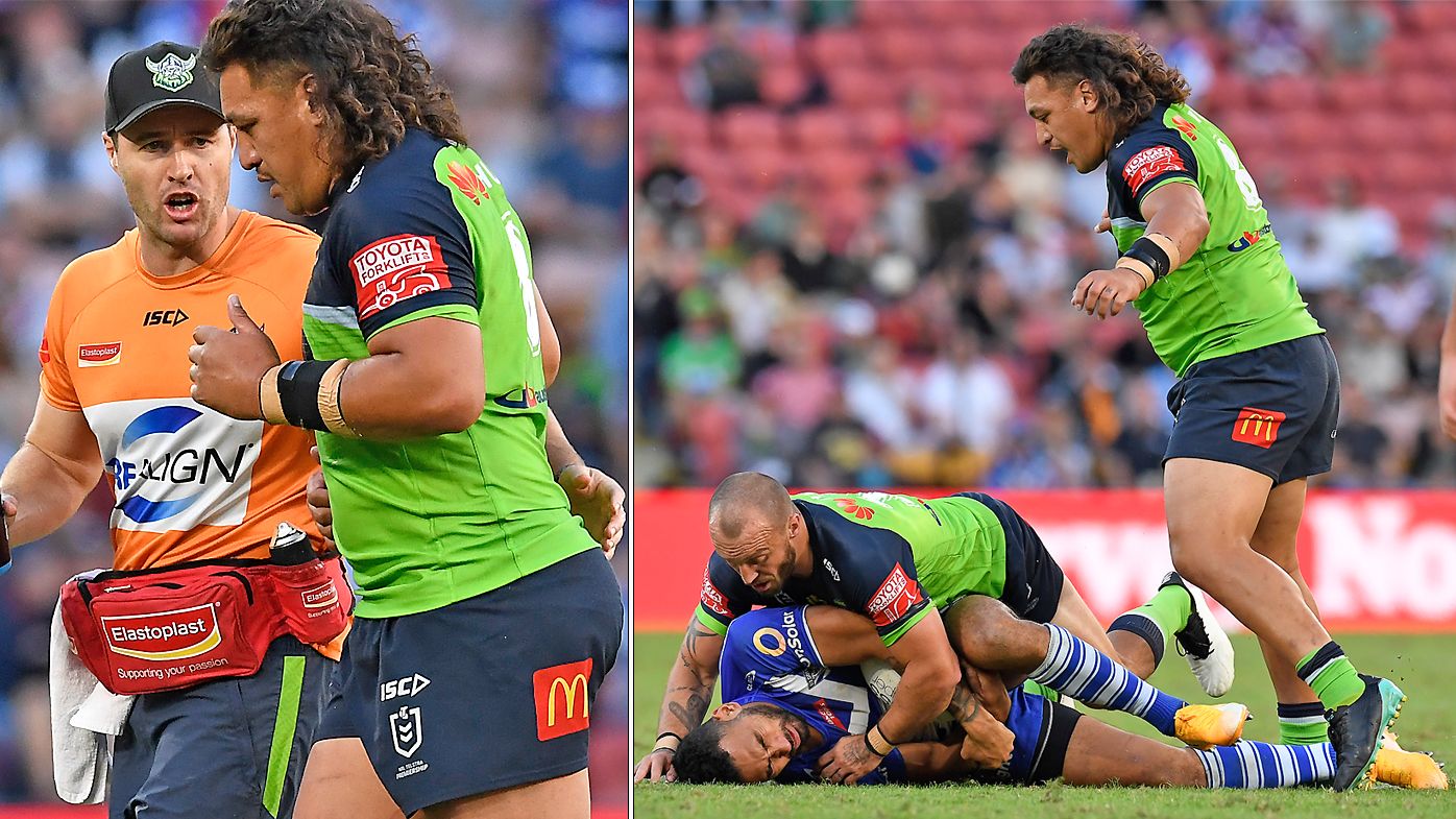 Josh Papalii is sent off after making contact with the head of Tuipulotu Katoa of the Bulldogs 