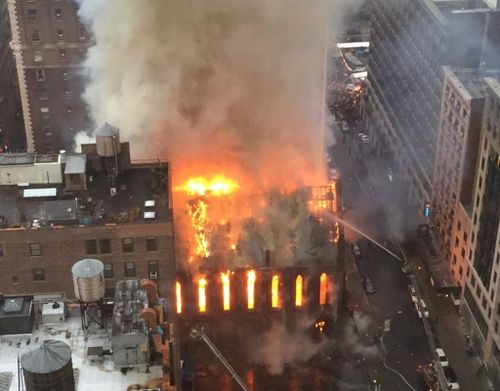 Firefighters battle flames at an historic Serbian Orthodox Cathedral of St. Sava in New York. (AP)