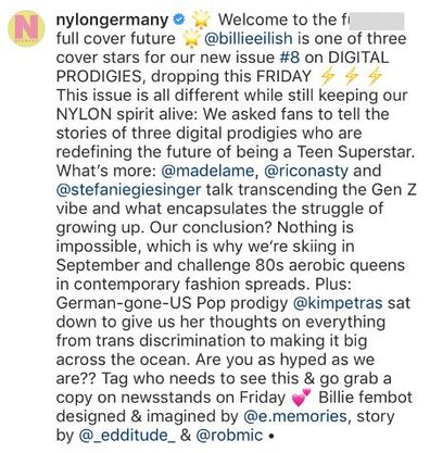 Billie Eilish, Nylon Germany, magazine, Instagram comments