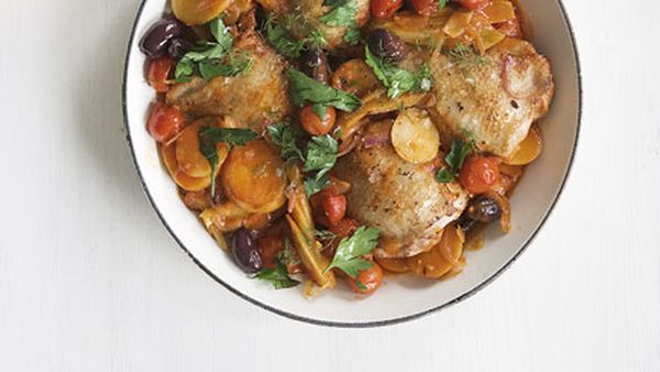 Tomato-braised chicken thighs with fennel and olives