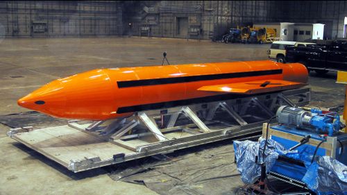 A US Department of Defense (DoD) handout photo of the Massive Ordinance Air Blast (MOAB) weapon on March 11, 2003 at Eglin Air Force Base, Florida. (Getty/US DoD)