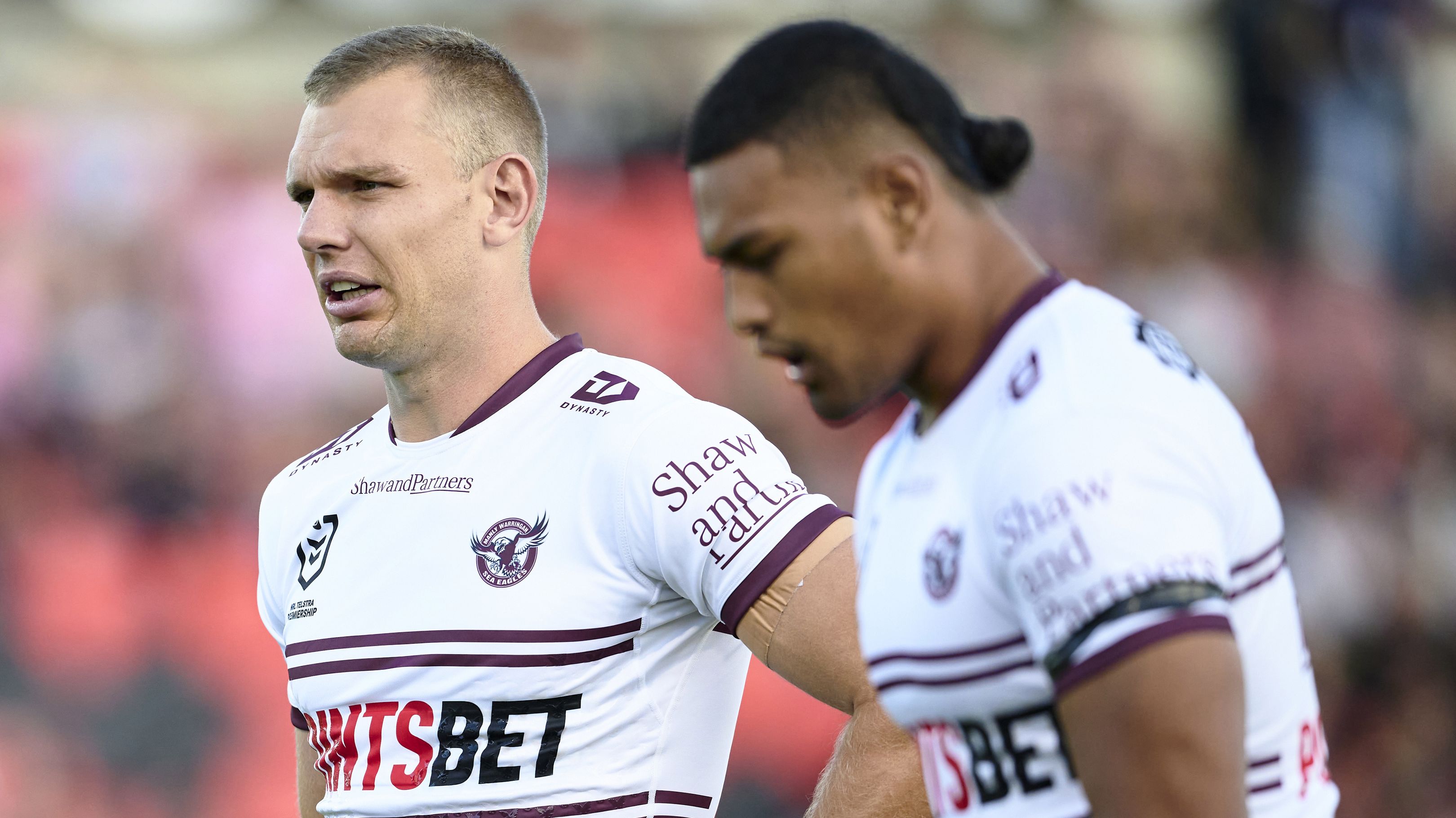 Tom Trbojevic of the Sea Eagles warms up during the round six NRL match between Penrith Panthers and Manly Sea Eagles at BlueBet Stadium on April 08, 2023 in Penrith, Australia. (Photo by Brett Hemmings/Getty Images)