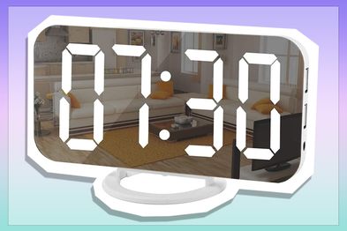 9PR: Digital Clock Large Display, LED Electric Alarm Clocks Mirror Surface for Makeup with Diming Mode