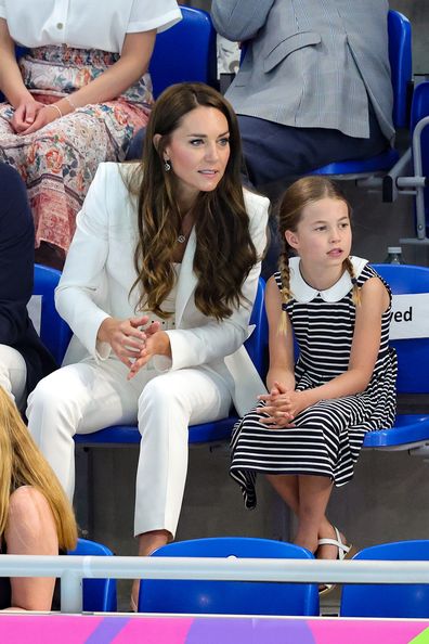 Catherine, Duchess of Cambridge and Princess Charlotte of Cambridge attend the Sandwell Aquatics Center during the 2022 Commonwealth Games on August 02, 2022 in Birmingham, England 