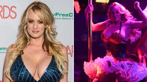 Stormy Daniels on the red carpet, and during a striptease, earlier this year. (AP)