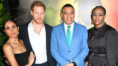 Meghan, Duchess of Sussex, Prince Harry, Duke of Sussex, Andrew Holness, Juliet Holness and Olivia Grange attend the Premiere of Bob Marley: One Love at the Carib 5 Theatre on January 23, 2024 in Kingston, Jamaica. (Photo by Jason Koerner/Getty Images for Paramount Pictures)