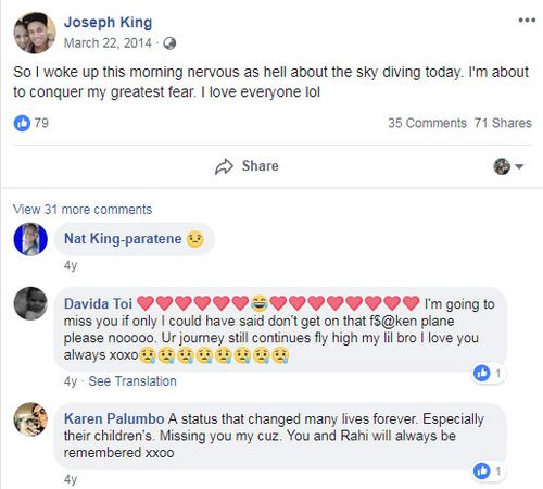 Hours before his first skydive with fiancé Rahi Hohua, Joey King wrote on his Facebook page; the couple were later killed when the plane crashed in Queensland.