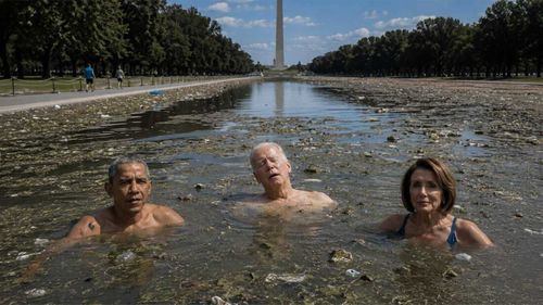 Donald Trump postou esta imagem de Barack Obama, Joe Biden e Nancy Pelosi tomando banho em esgoto.
