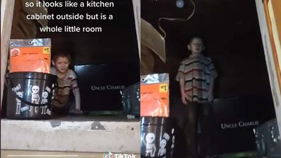 Split screen of a child demonstrating how their kitchen cabinet is big enough to house an eight year old.