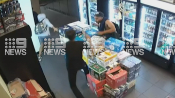Violent thieves threw chairs at and punched bottleshop owners after they tried to defend their store, in footage revealed by 9News. ﻿