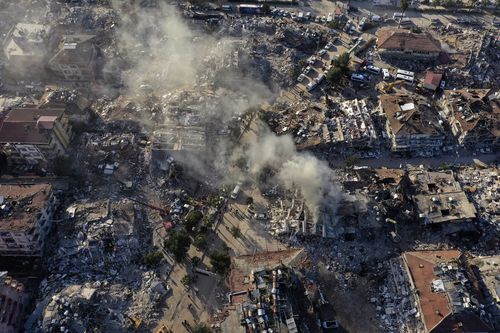 Destroyed buildings are seen from above in Antakya, southeastern Turkey, Thursday, Feb. 9, 2023. 