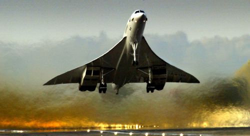 A Concorde aircraft takes off.