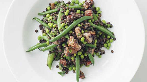 Pancetta, pea, lentil and mint salad