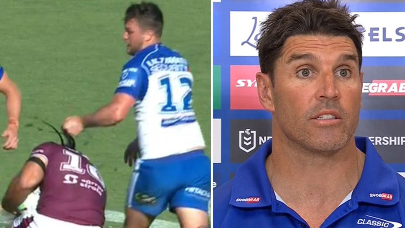 Dogs coach Trent Barrett unloads on referee over call to penalise Joe Stimson for a hair pull on Marty Taupau