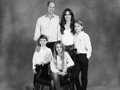 This undated handout photo provided by Kensington Palace show Britain's Prince William and Kate, Princess of Wales with their three children Prince George, Princess Charlotte and Prince Louis, in a photograph that features on the family's 2023 Christmas card. (Josh Shinner/Kensington Palace via AP)
