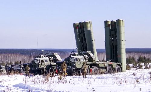 In this photo taken from video and released by the Russian Defense Ministry Press Service on Thursday, Jan. 27, 2022, Russian S-400 Triumf surface-to-air missile systems attend a military drills in Sverdlovsk region, Ural, in Russia