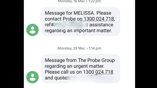Text messages from debt collection company Probe Group, sent to Melissa's phone.