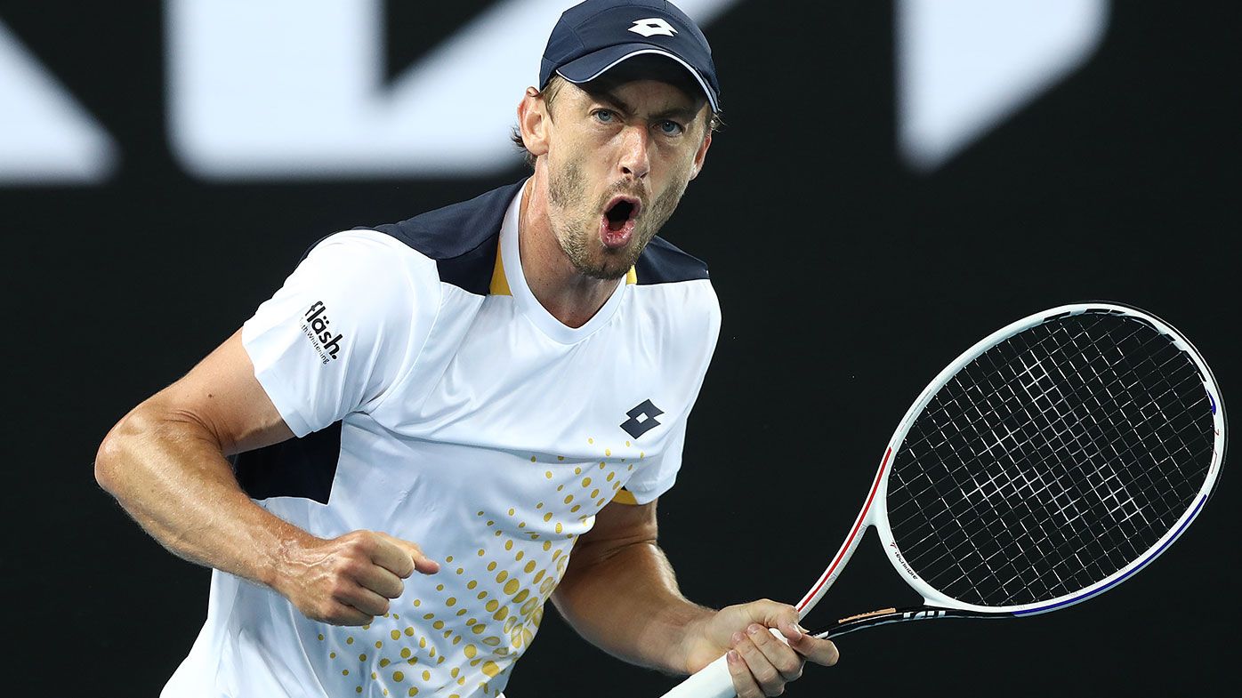 John Millman of Australia reacts after winning a point in his first round singles match against Feliciano Lopez of Spain