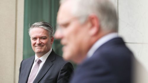Then Minister for Finance Mathias Cormann and then Prime Minister Scott Morrison during a press conference at Parliament House